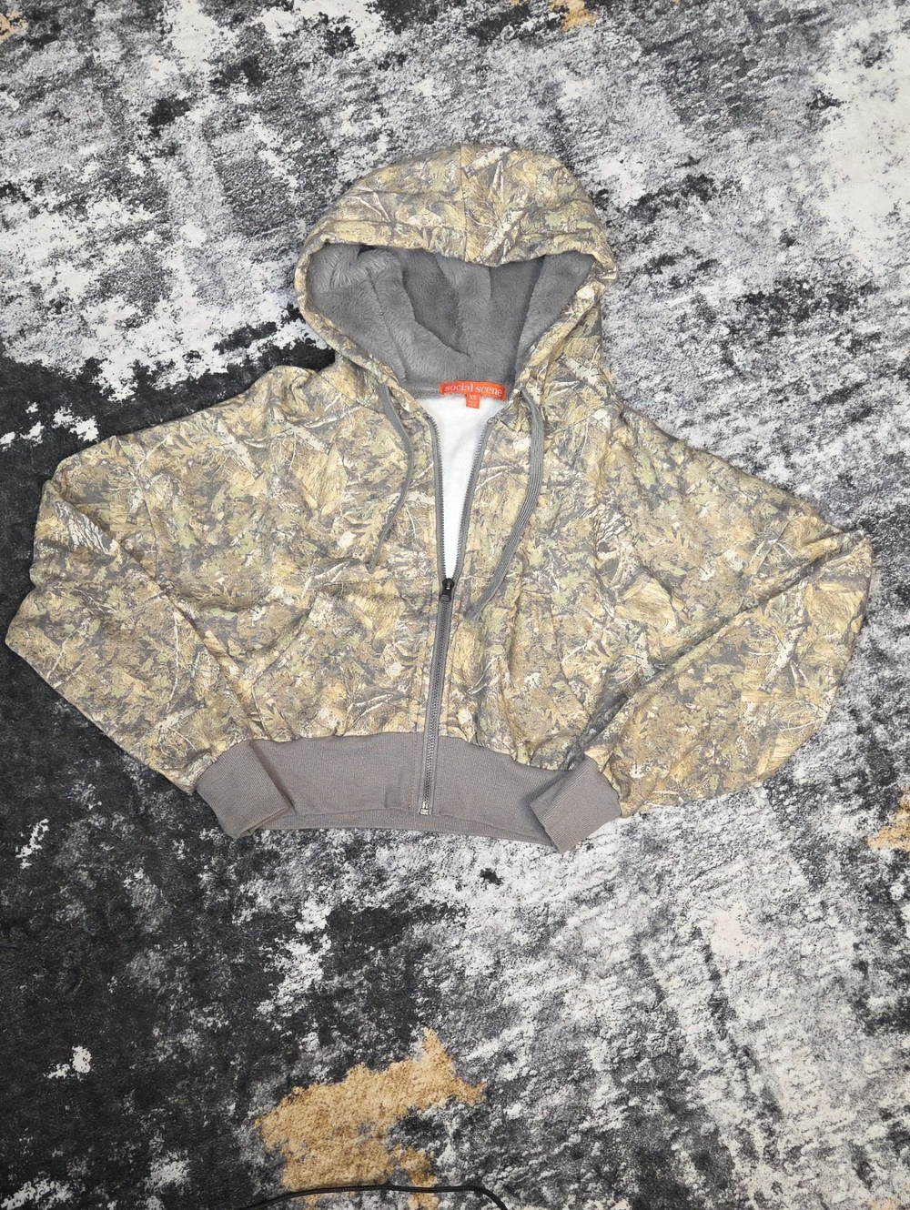 Social Scene Camo Cropped Zip-Up Hoodie Faux Fur Lined Hood XS